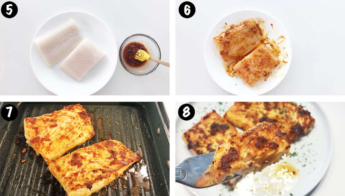 A photo collage showing steps 5-8 for grilling halibut. 
