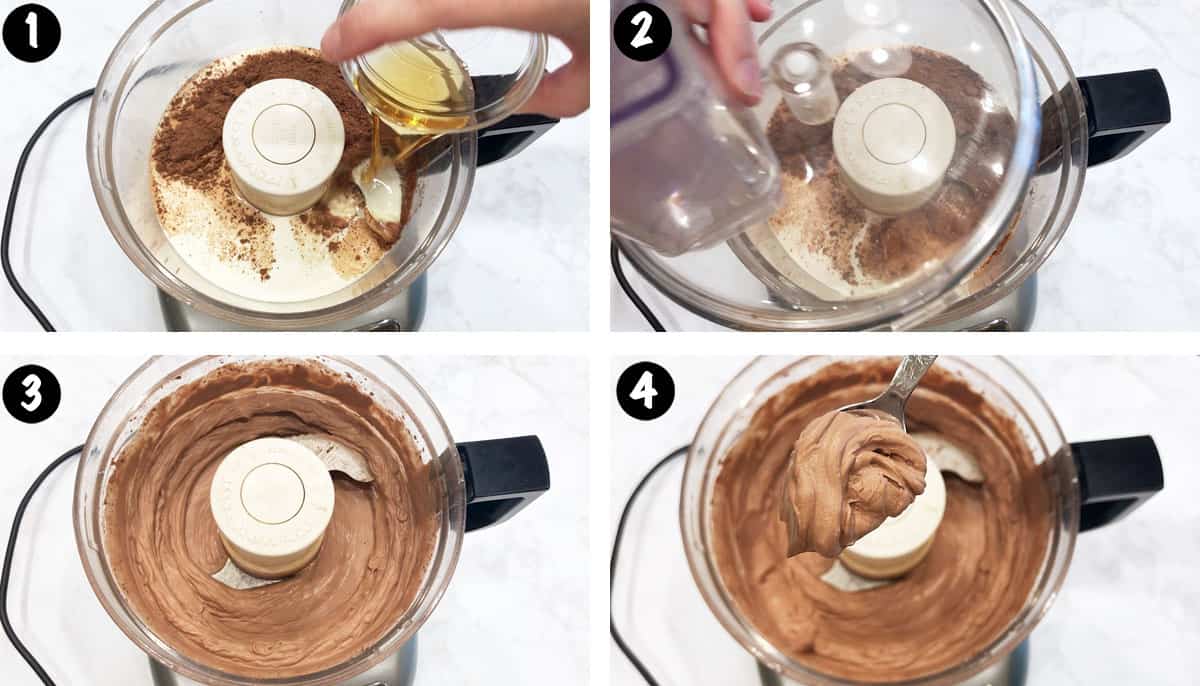 A photo collage showing the steps for making a keto chocolate mousse. 