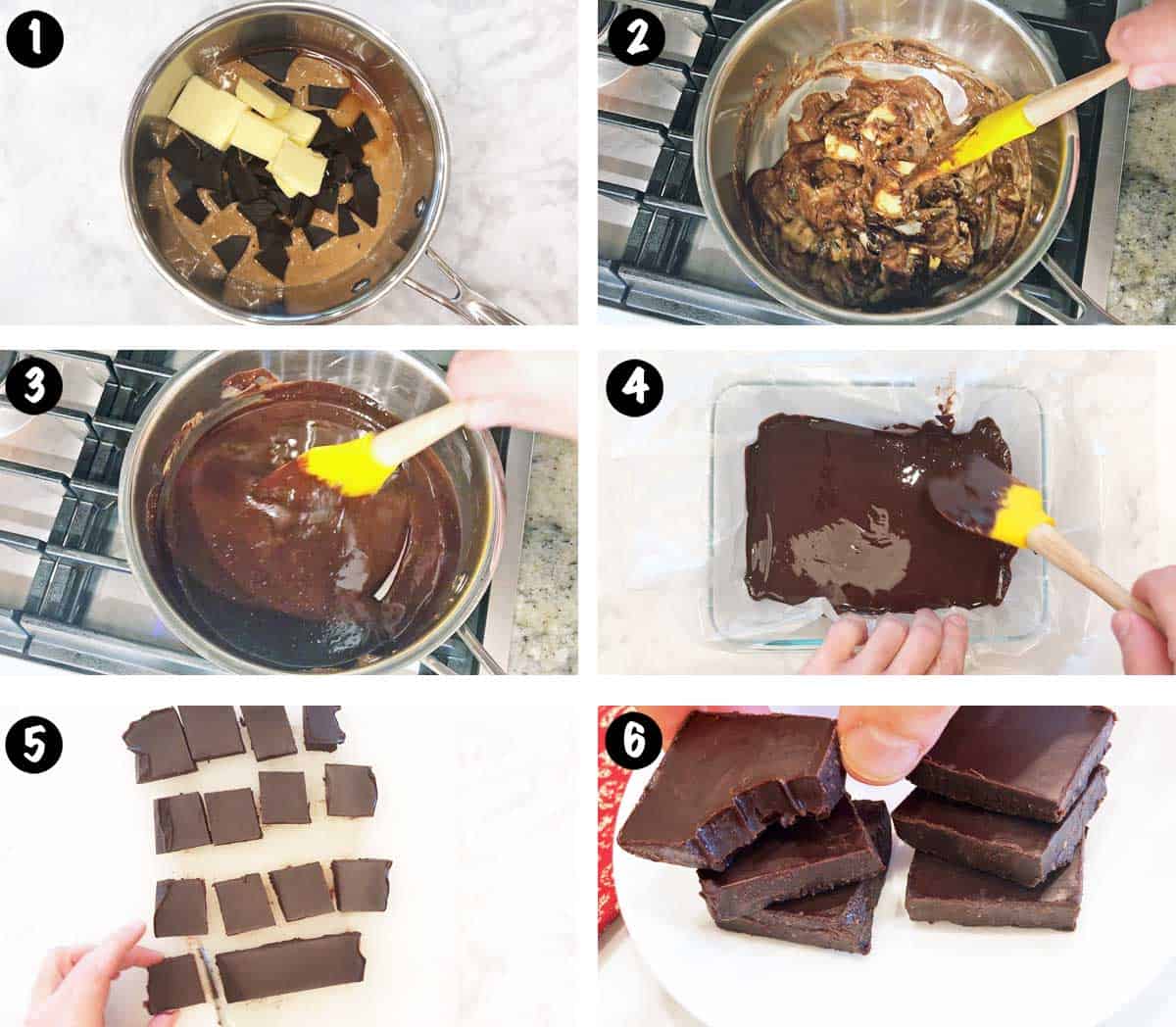 A photo collage showing the steps for making keto fudge. 