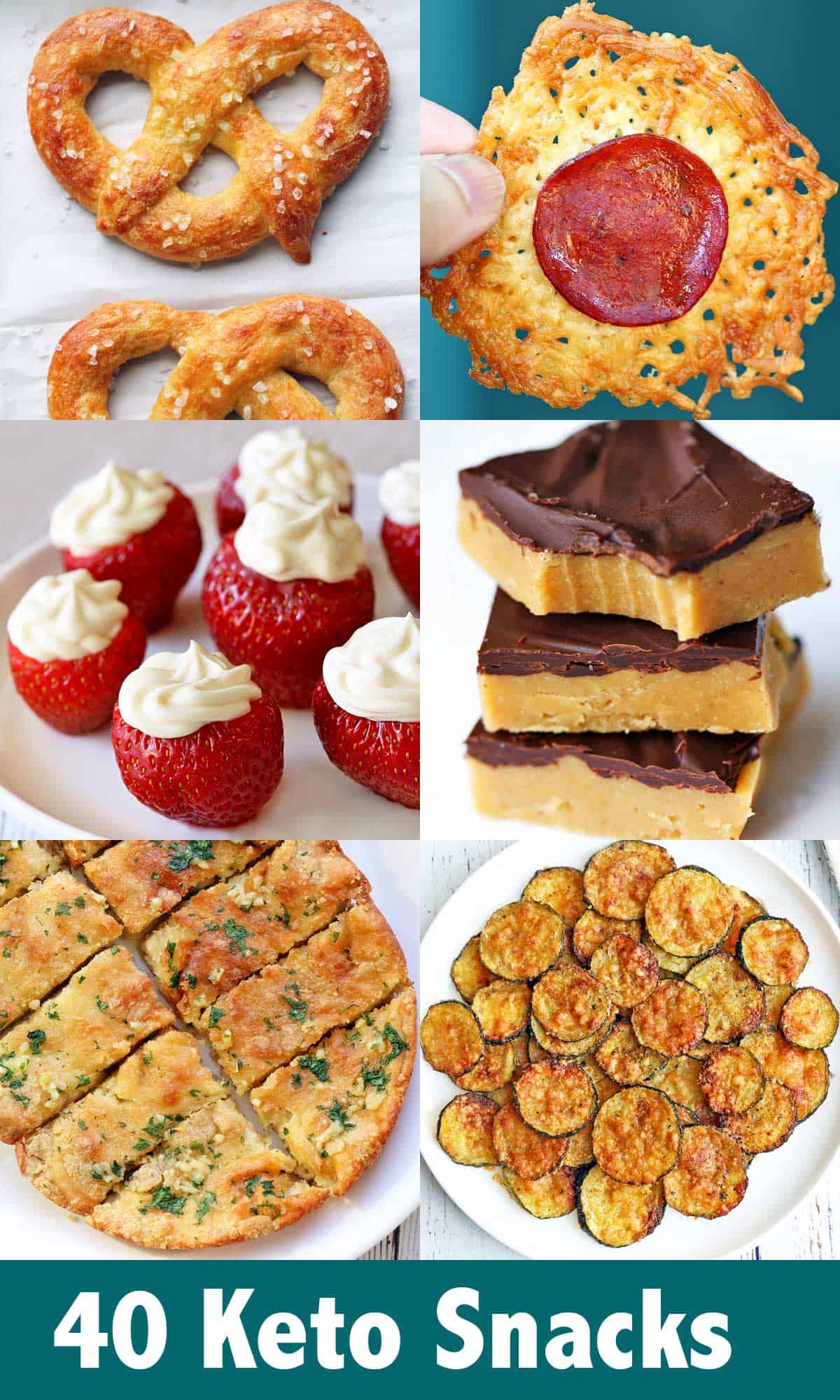 A six-photo collage of sweet and savory keto snacks. 