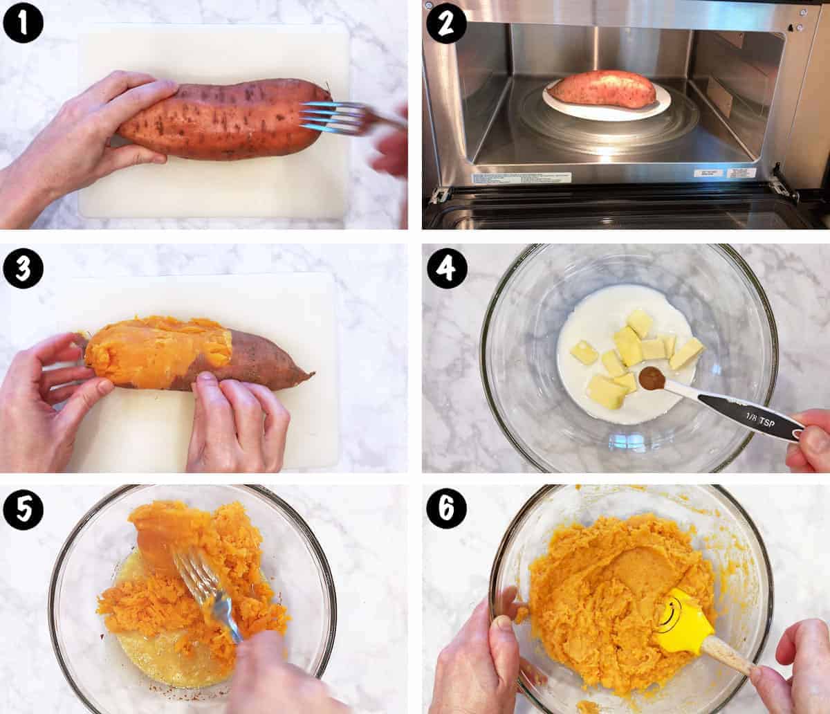 A six-photo collage showing the steps for making a sweet potato puree. 