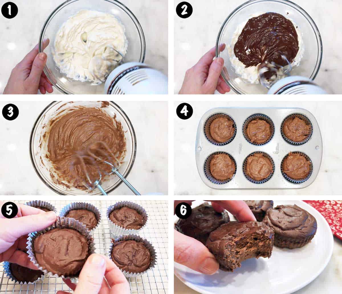 A six-photo collage showing the steps for making mini chocolate cheesecakes. 