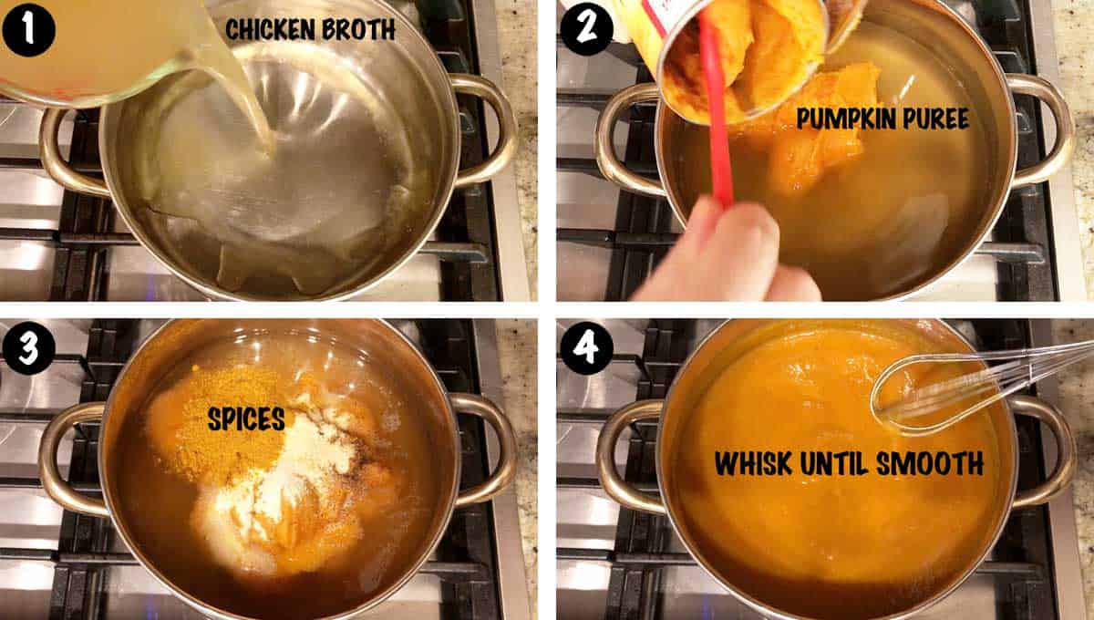 A photo collage showing steps 1-4 for making a pumpkin curry soup. 