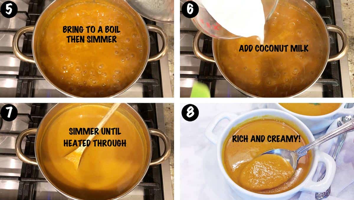 A photo collage showing steps 5-8 for making a pumpkin curry soup. 