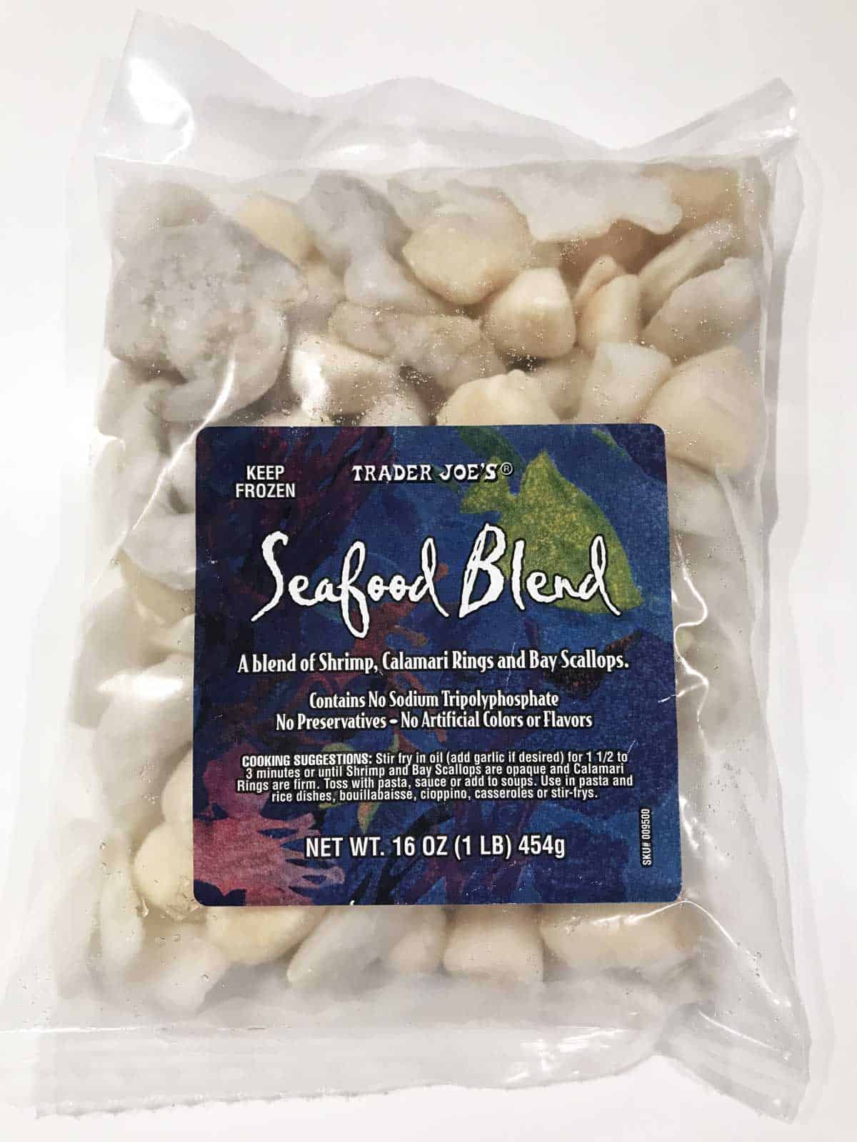 A bag of frozen seafood blend.