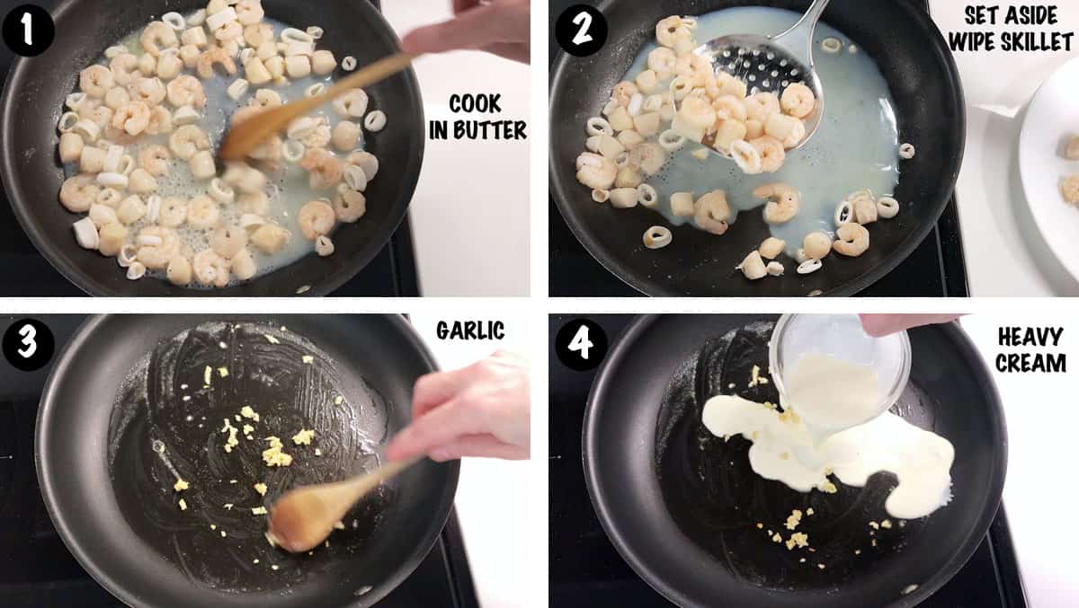 A photo collage showing steps 1-4 for making seafood in cream sauce. 
