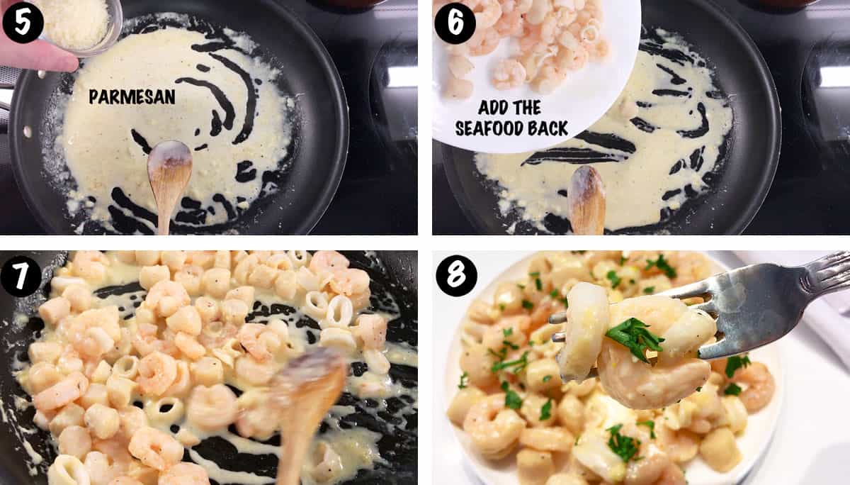 A photo collage showing steps 5-8 for making seafood in cream sauce. 