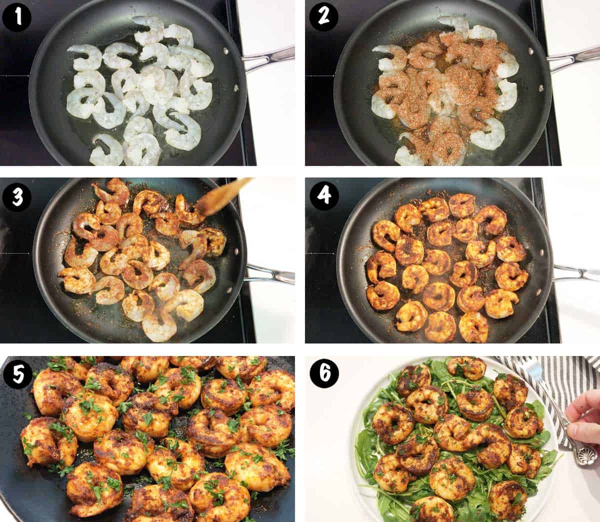 A photo collage showing the steps for making spicy shrimp. 
