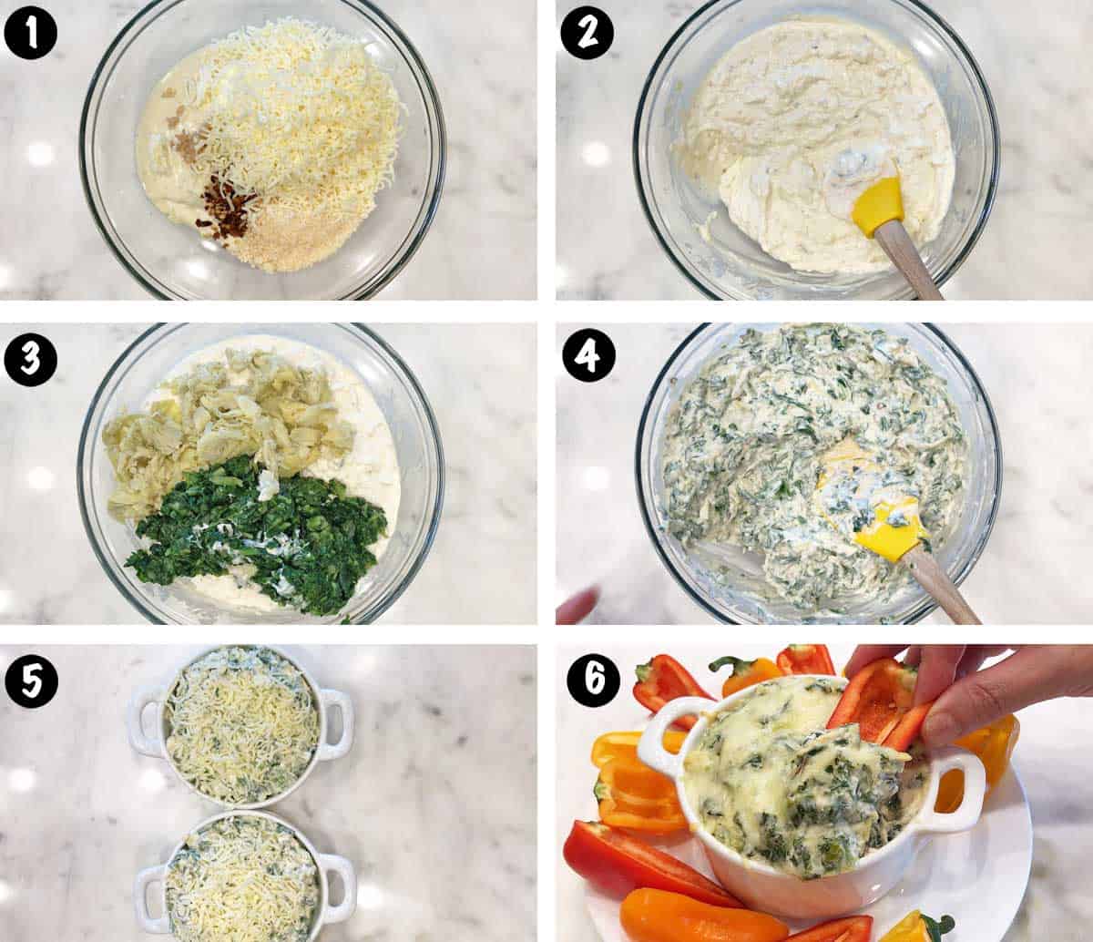 A photo collage showing the steps for making a hot spinach artichoke dip. 