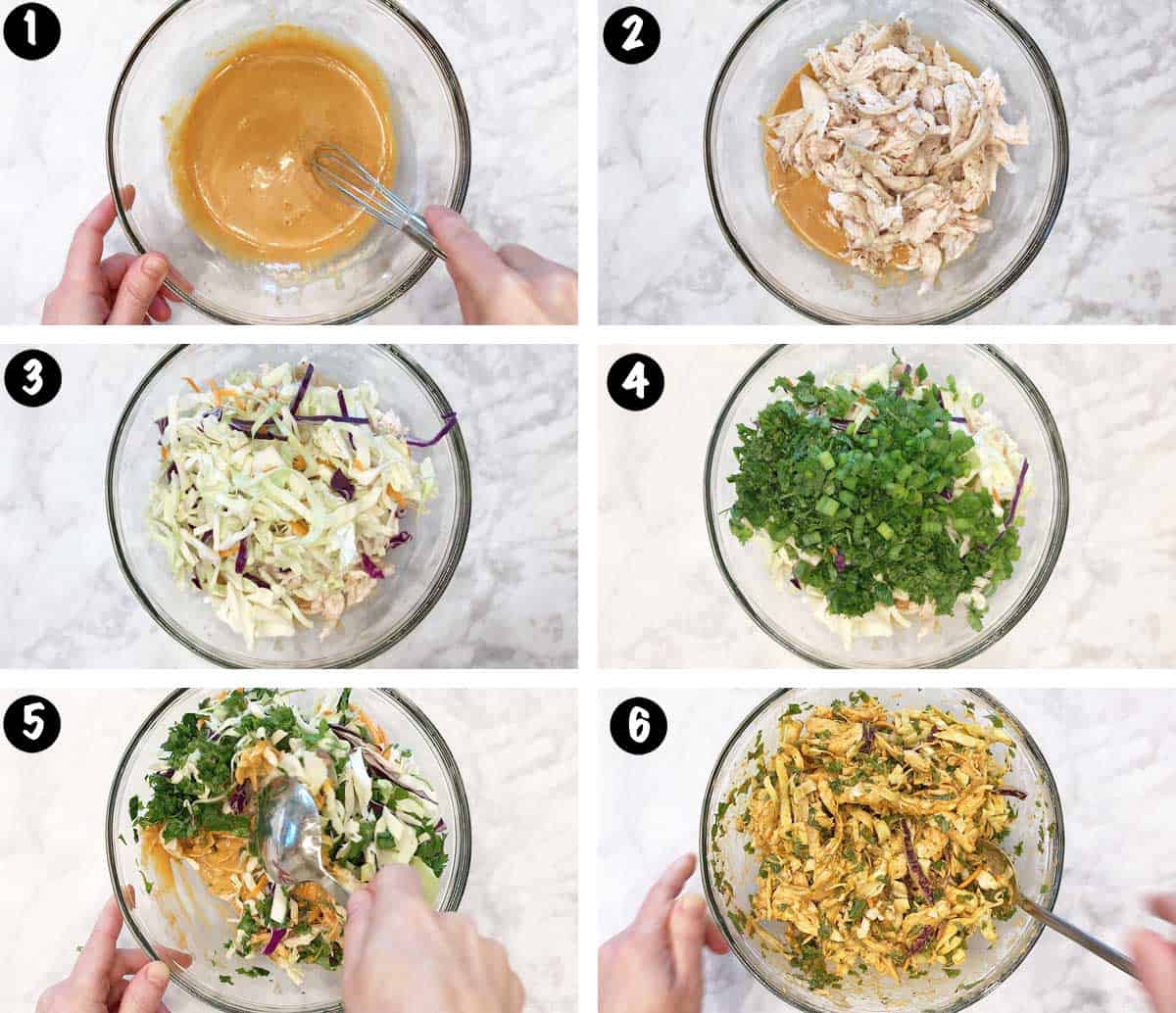 A photo collage showing the steps for making a Thai chicken salad. 