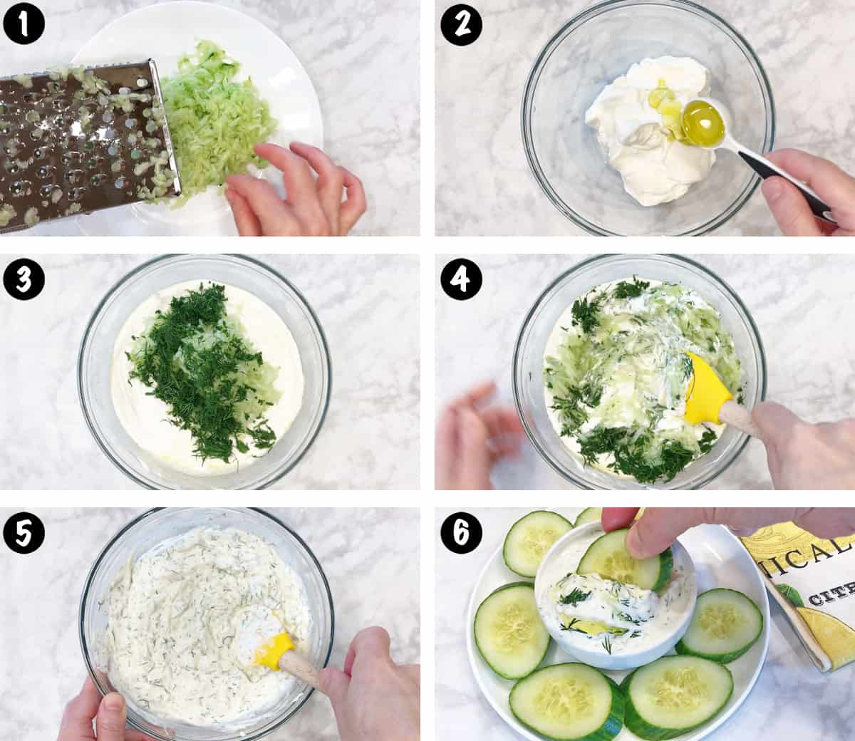 A six-photo collage showing the steps for making tzatziki sauce. 
