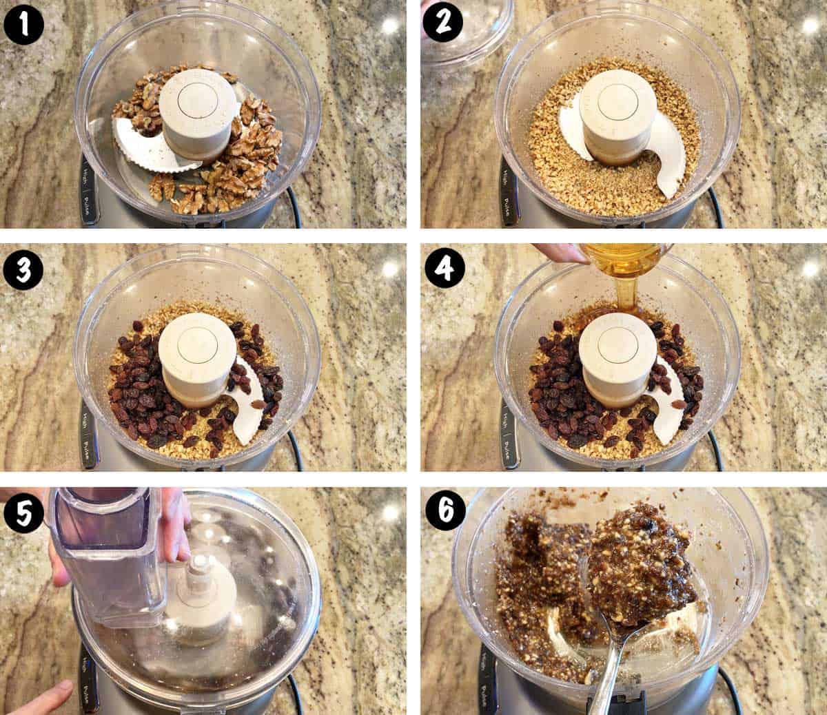 A six-photo collage showing the steps for making charoset.