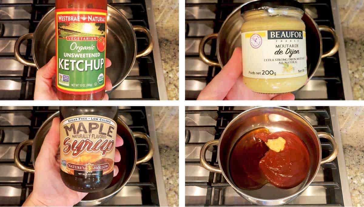 Un collage de fotos de los ingredientes necesarios para hacer una salsa para albóndigas de cóctel. 