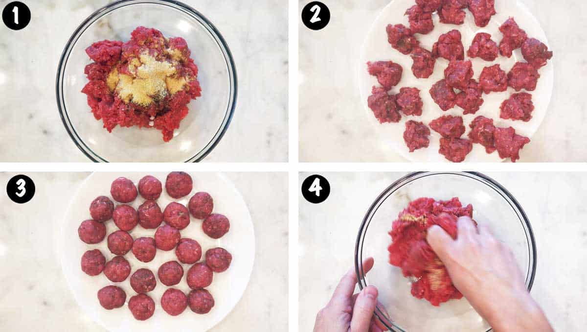 A photo collage showing steps 1-4 for making keto cocktail meatballs. 