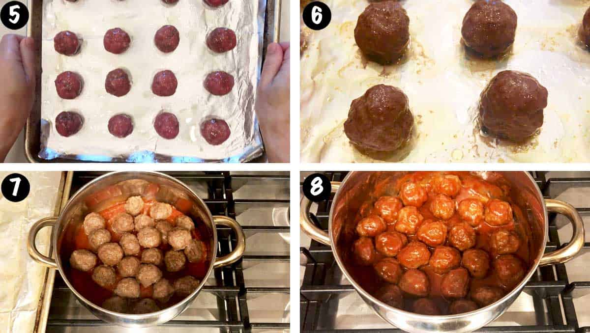 A photo collage showing steps 5-8 for making cocktail meatballs. 