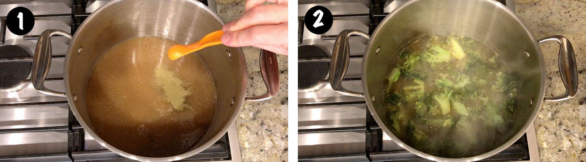 Un collage de 2 fotos que muestra cómo cocinar el brócoli para la sopa. 