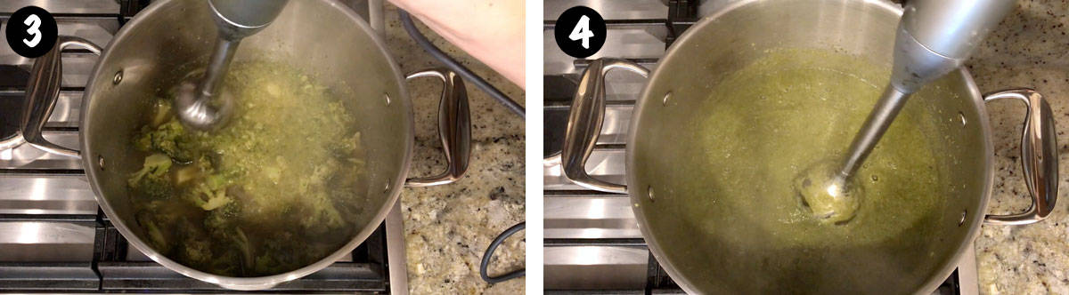 Un collage de 2 fotos que muestra cómo mezclar crema de sopa de brócoli.