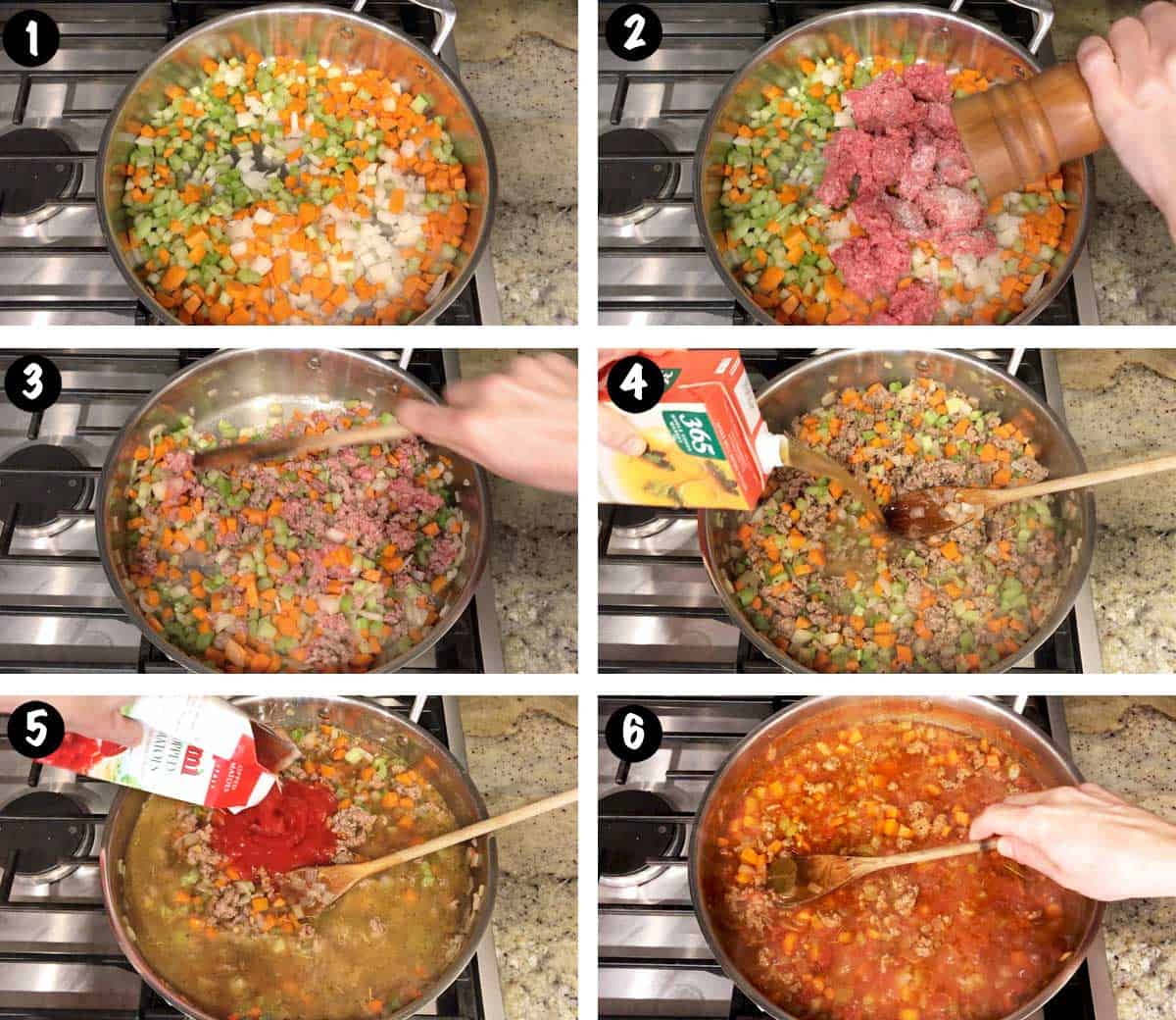 A six-photo collage showing the steps for making a vegetable beef soup. 
