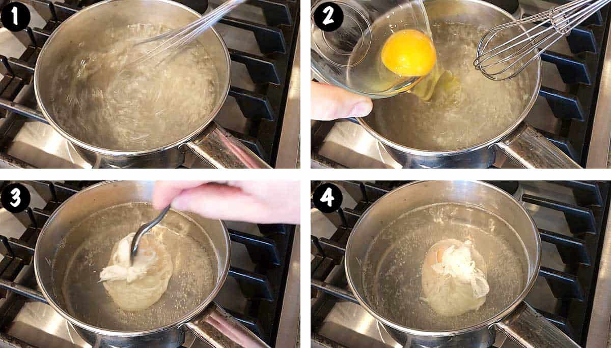 A photo collage showing steps 1-4 for poaching an egg. 