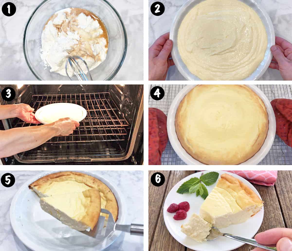 A photo collage showing the steps for baking a ricotta cheesecake. 