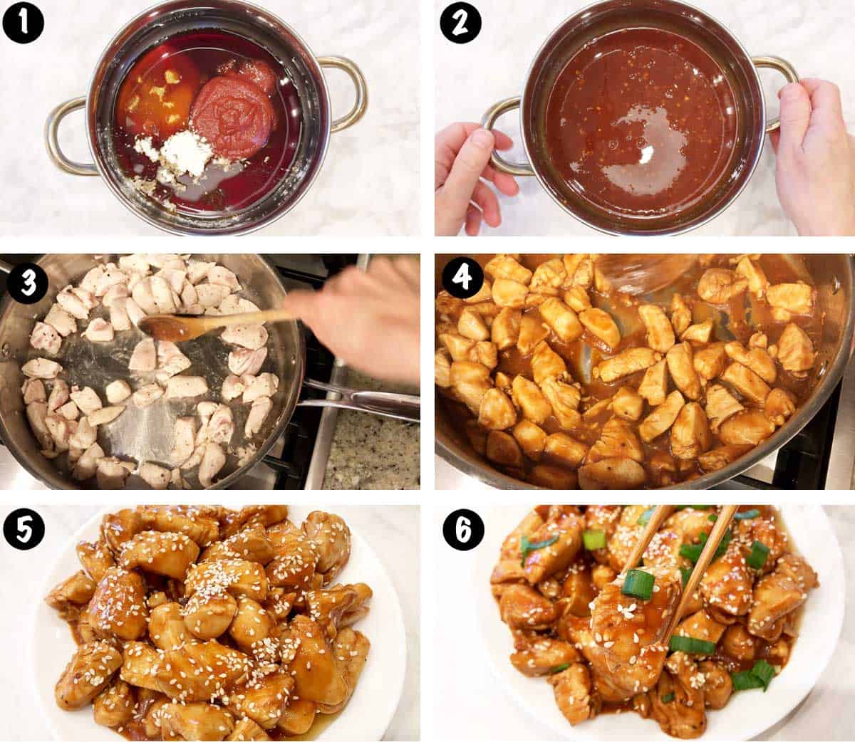 A six-photo collage showing the steps for making low-carb sesame chicken. 