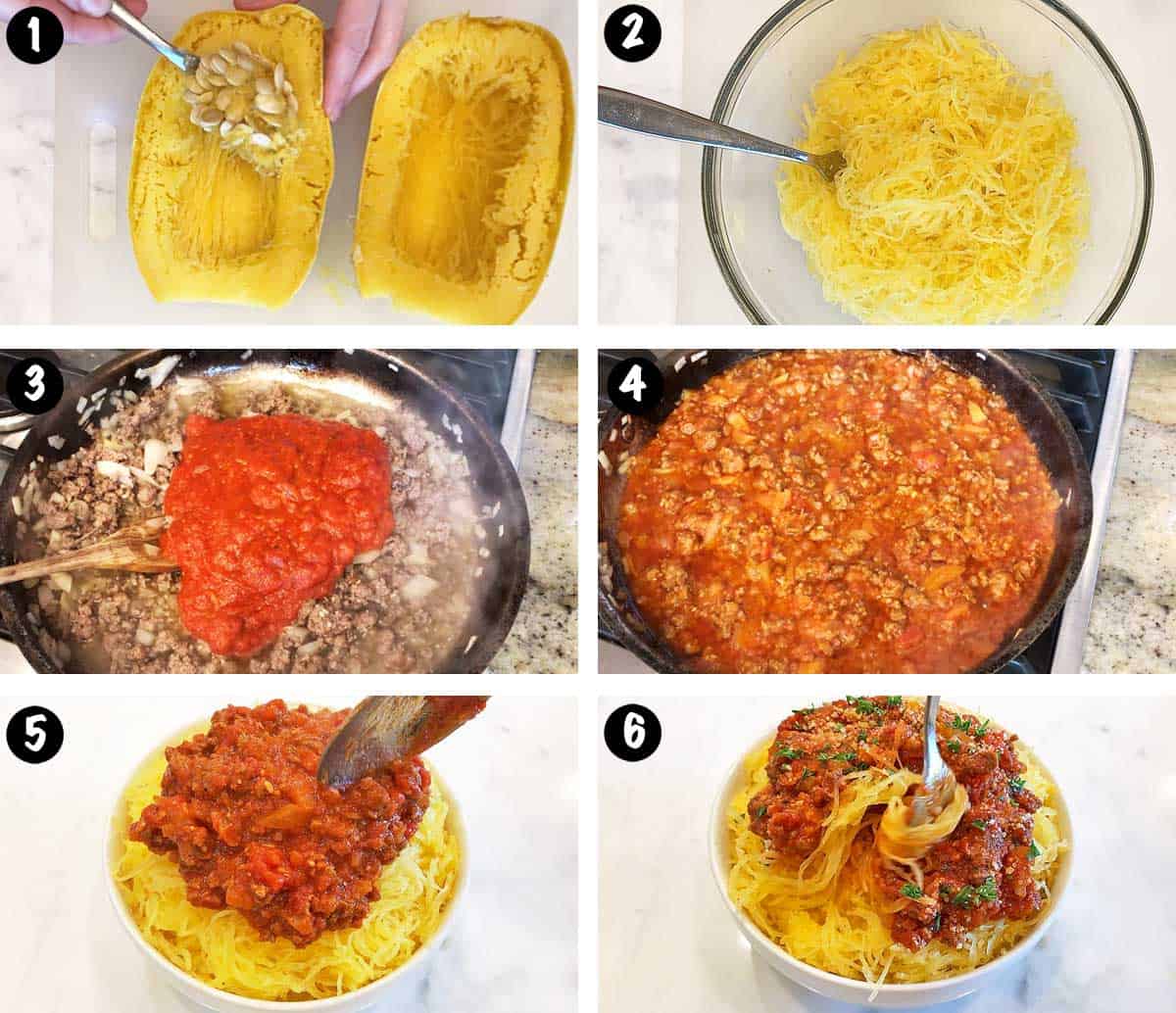 A photo collage showing the steps for making spaghetti squash with meat sauce. 