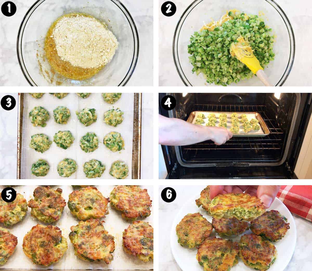 A six-photo collage showing the steps for making broccoli tots. 