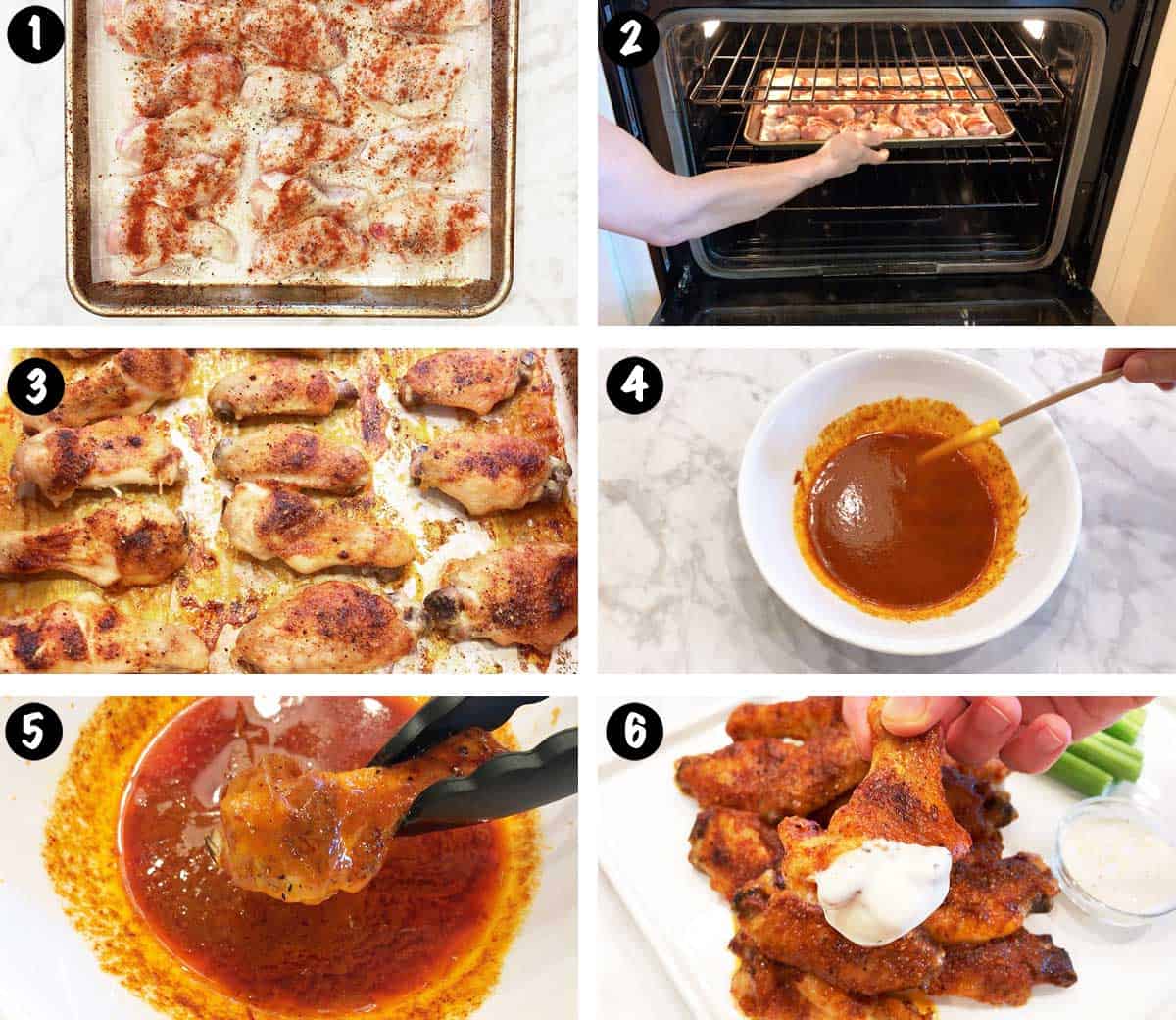 A six-photo collage showing the steps for making homemade buffalo wings. 