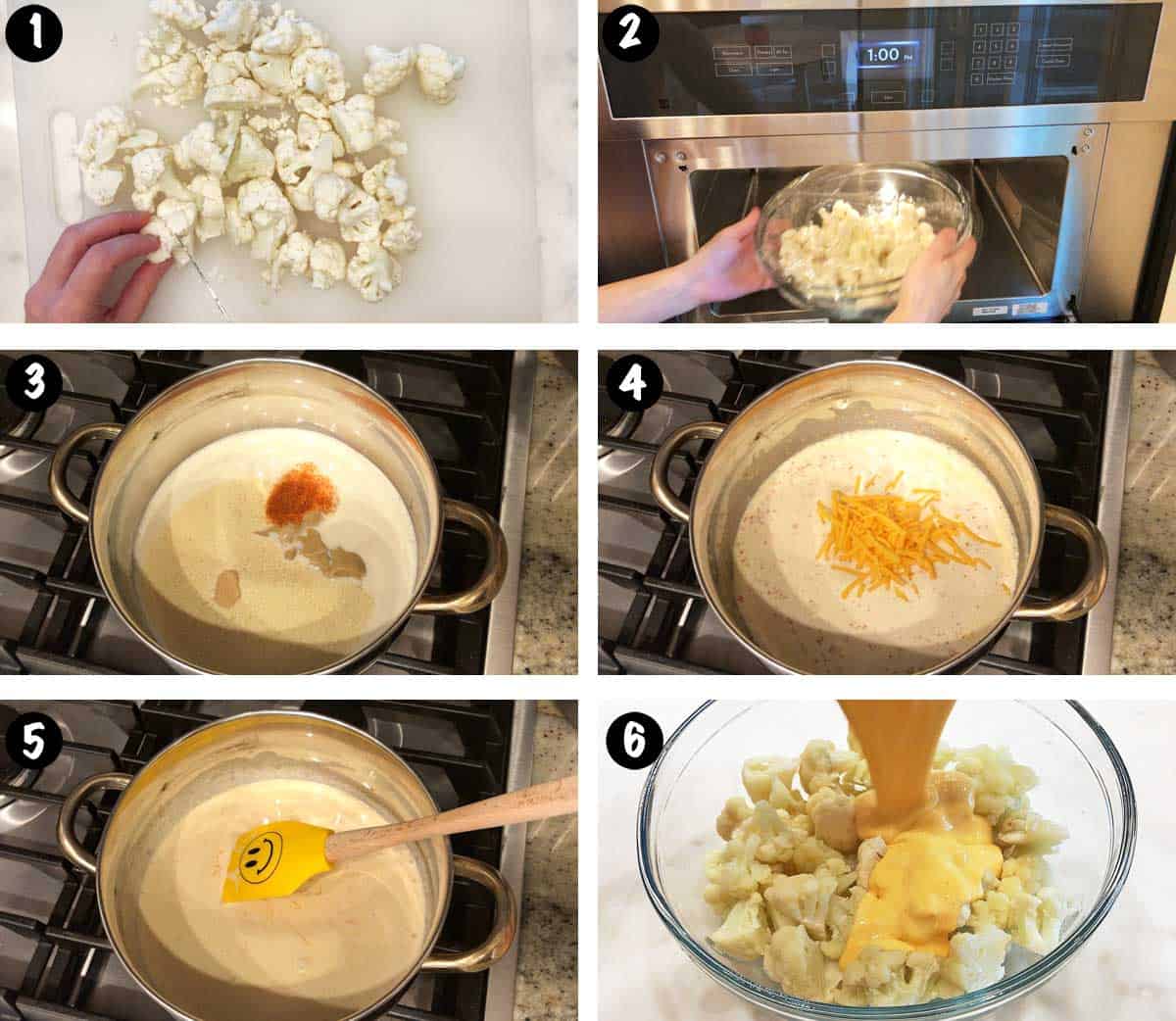 Un collage de fotos que muestra los pasos para hacer macarrones con queso y coliflor. 