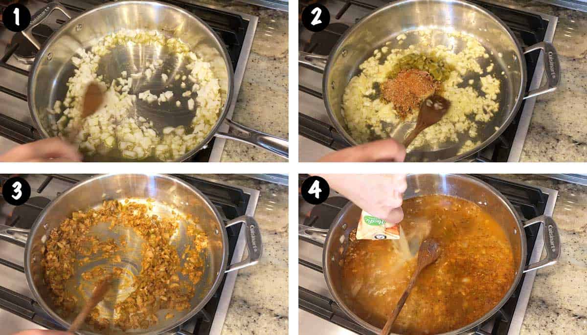 Un collage de fotos que muestra los pasos 1 a 4 para hacer chile con pollo. 