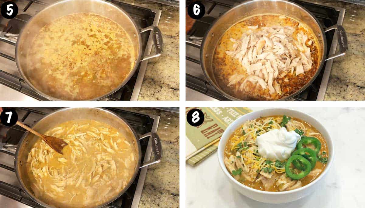 Un collage de fotos que muestra los pasos 5 a 8 para hacer chile con pollo. 