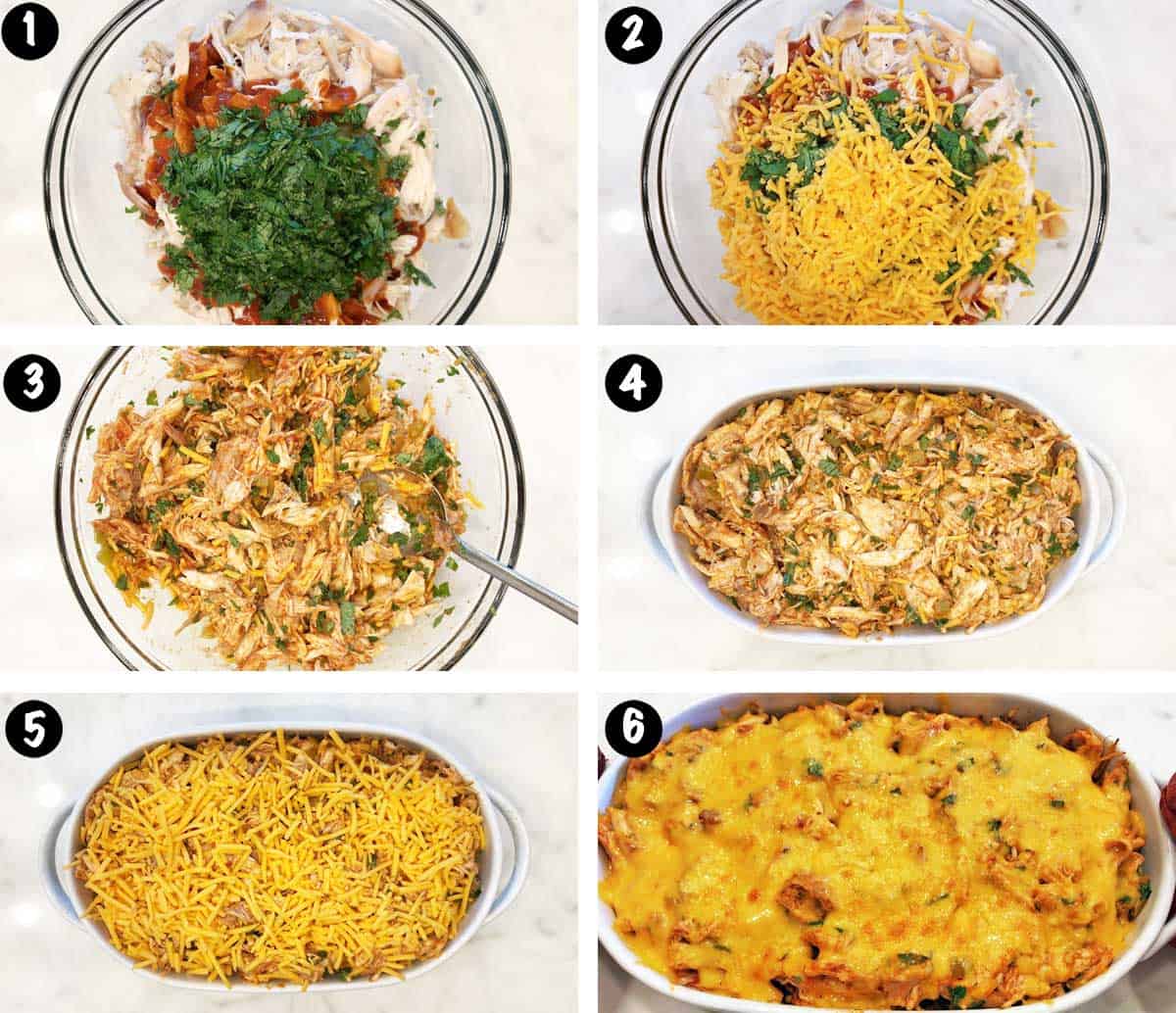 A photo collage showing the steps for making a chicken enchilada casserole. 