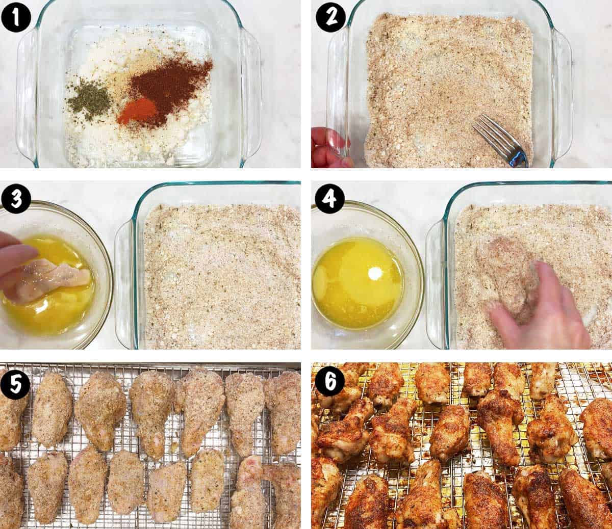 A photo collage showing the steps for making garlic parmesan wings. 
