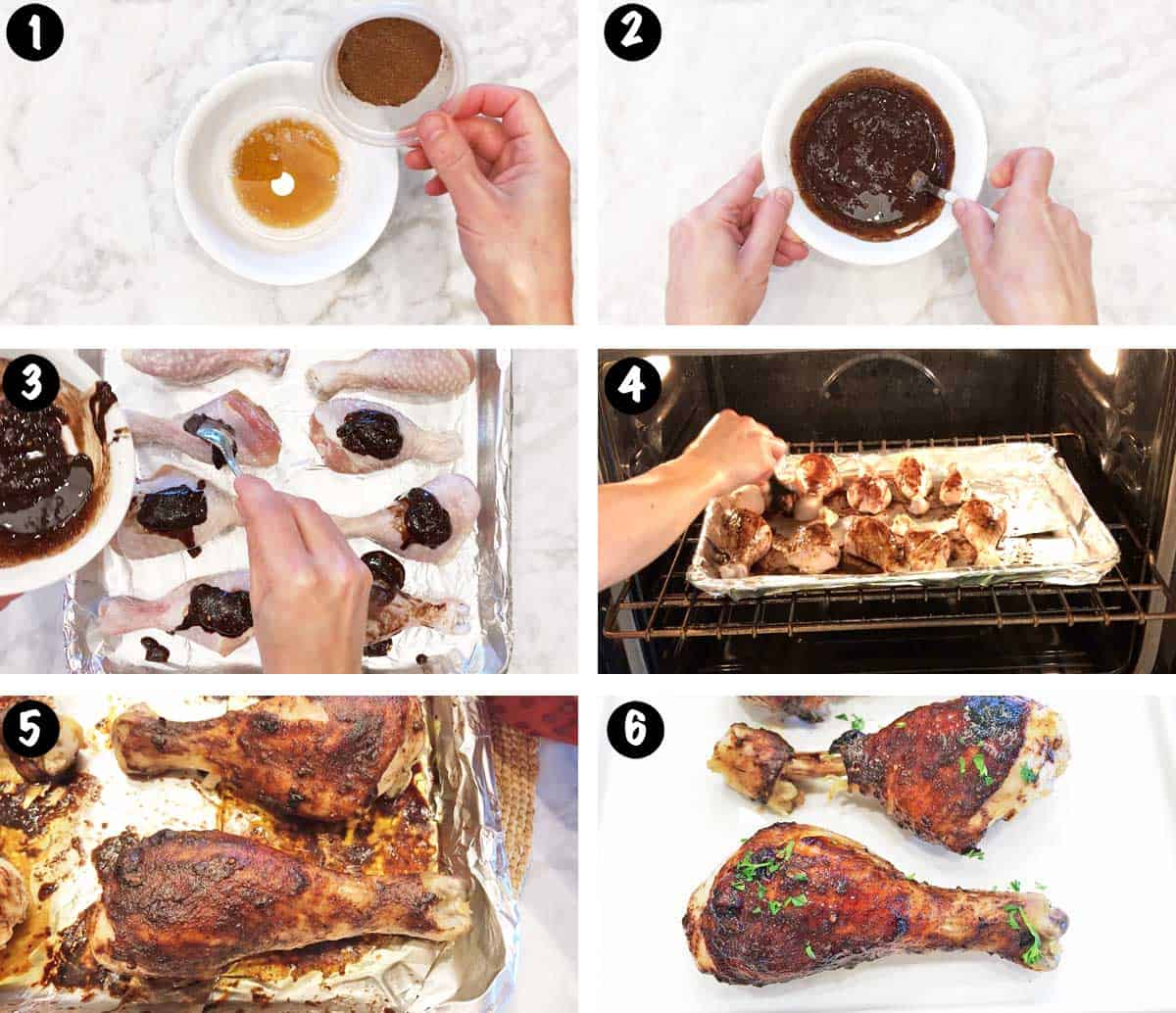 A six-photo collage showing the steps for making jerk chicken. 