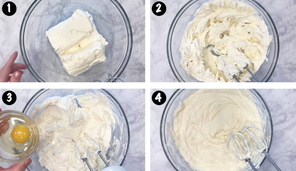 A photo collage showing the steps for mixing the batter for a keto cheesecake. 