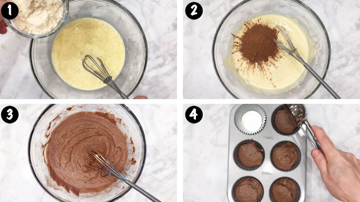 Un collage de fotos que muestra los pasos 1 a 4 para hacer pastelitos de chocolate con ceto. 