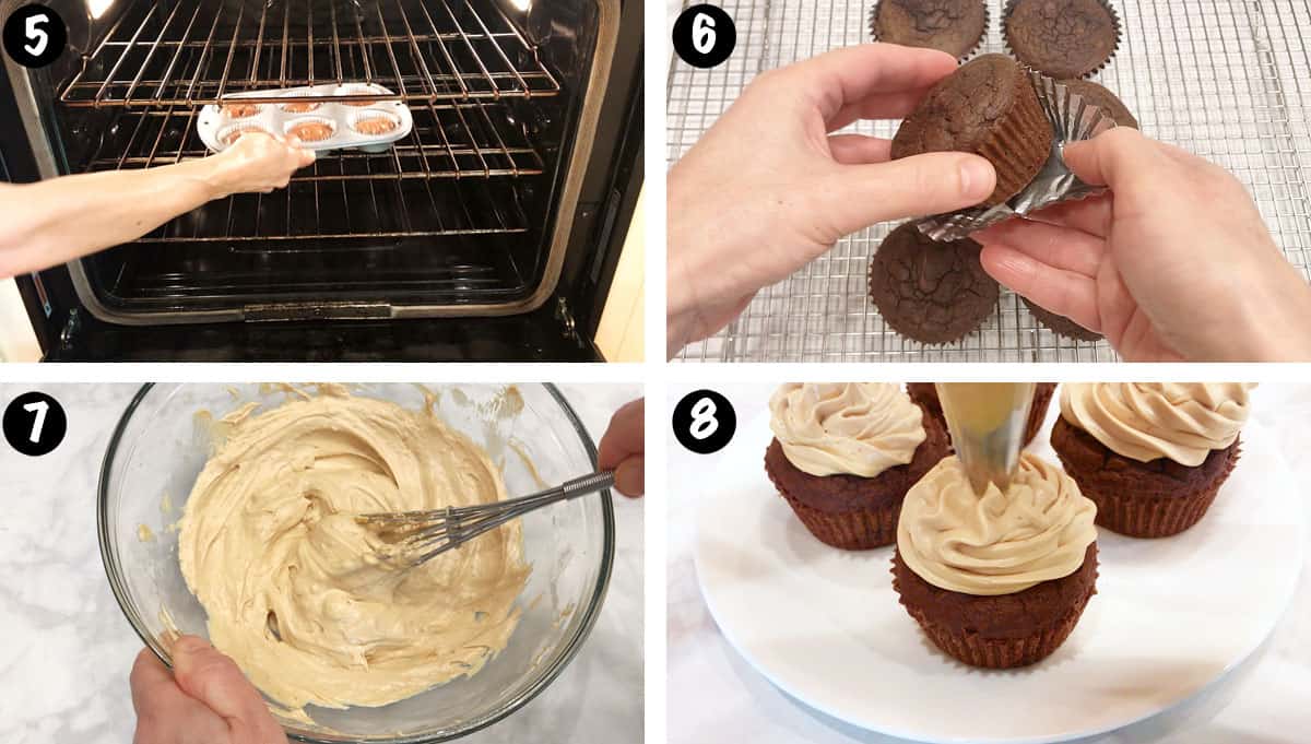 A photo collage showing steps 5-8 for making keto chocolate cupcakes. 