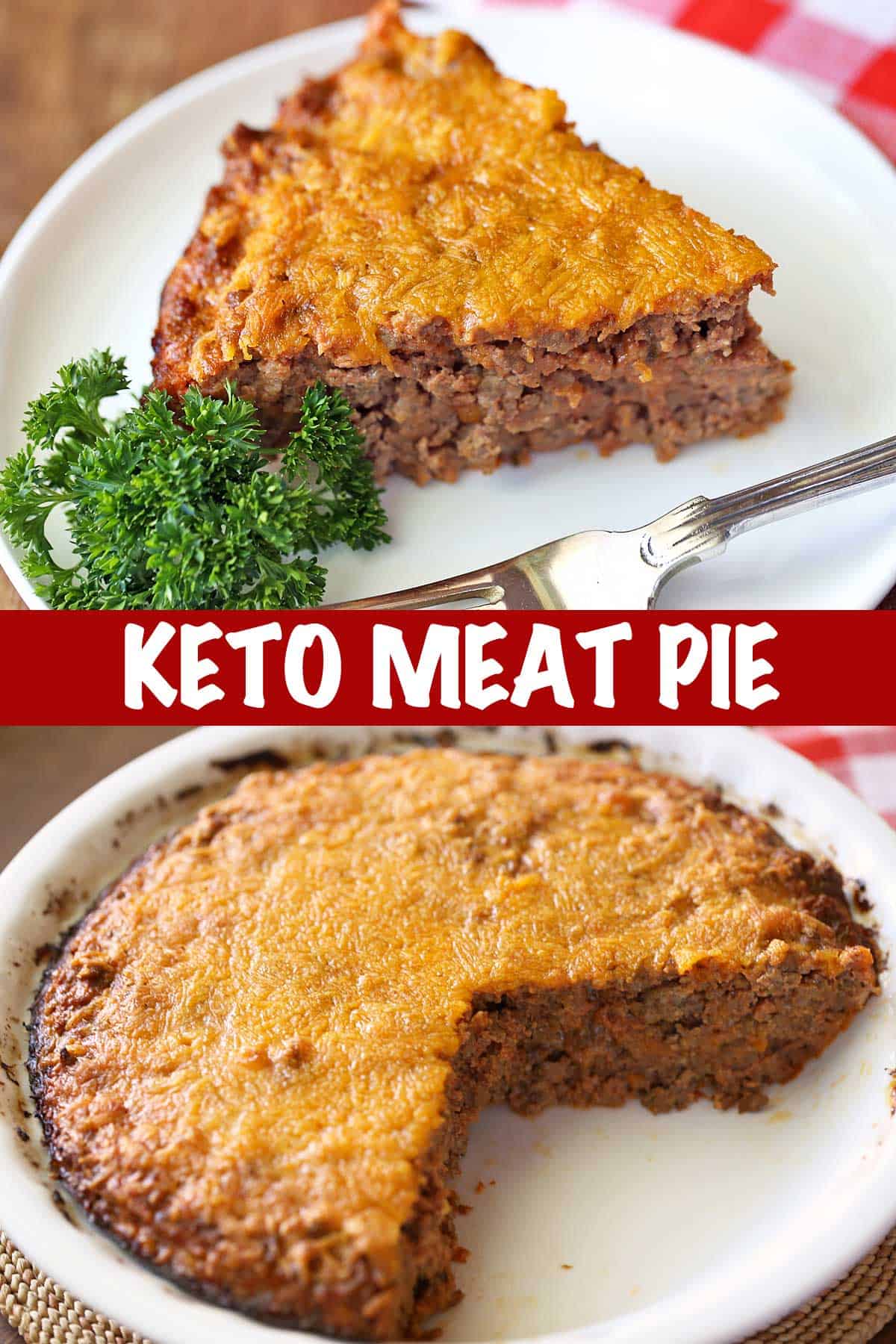 Two photos of a meat pie: the whole pie and a slice on a plate.