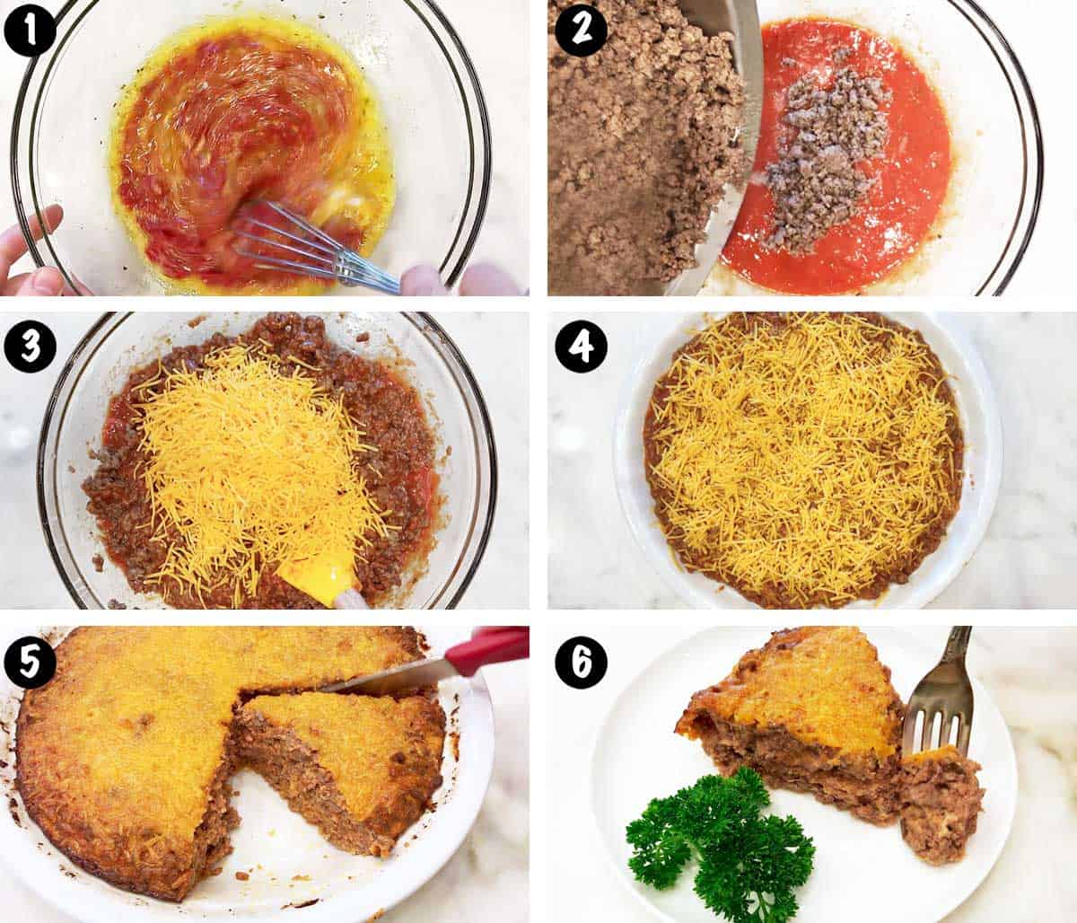 A photo collage showing the steps for making a meat pie. 