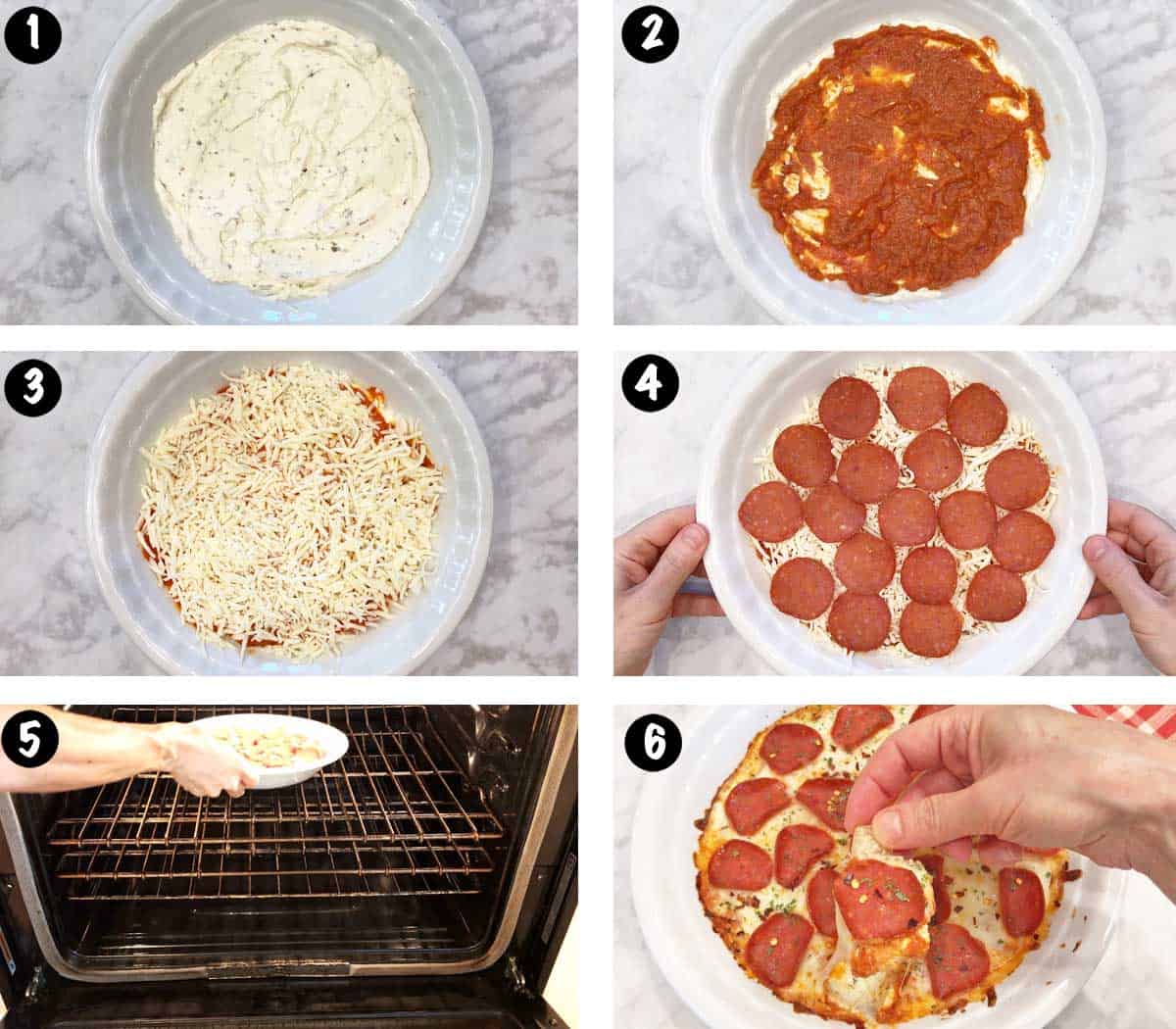 A photo collage showing the steps for making a hot pizza dip. 