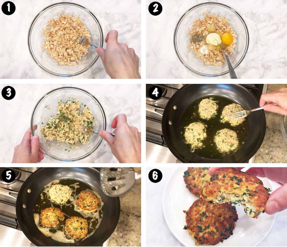 A photo collage showing the steps for making salmon patties.