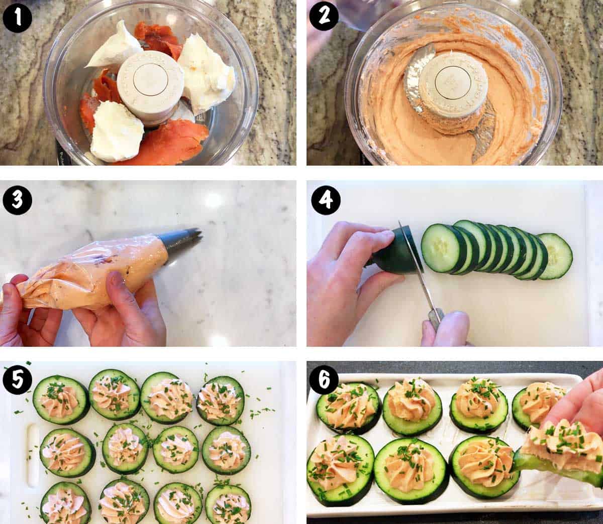 A six-photo collage showing the steps for making salmon mousse. 