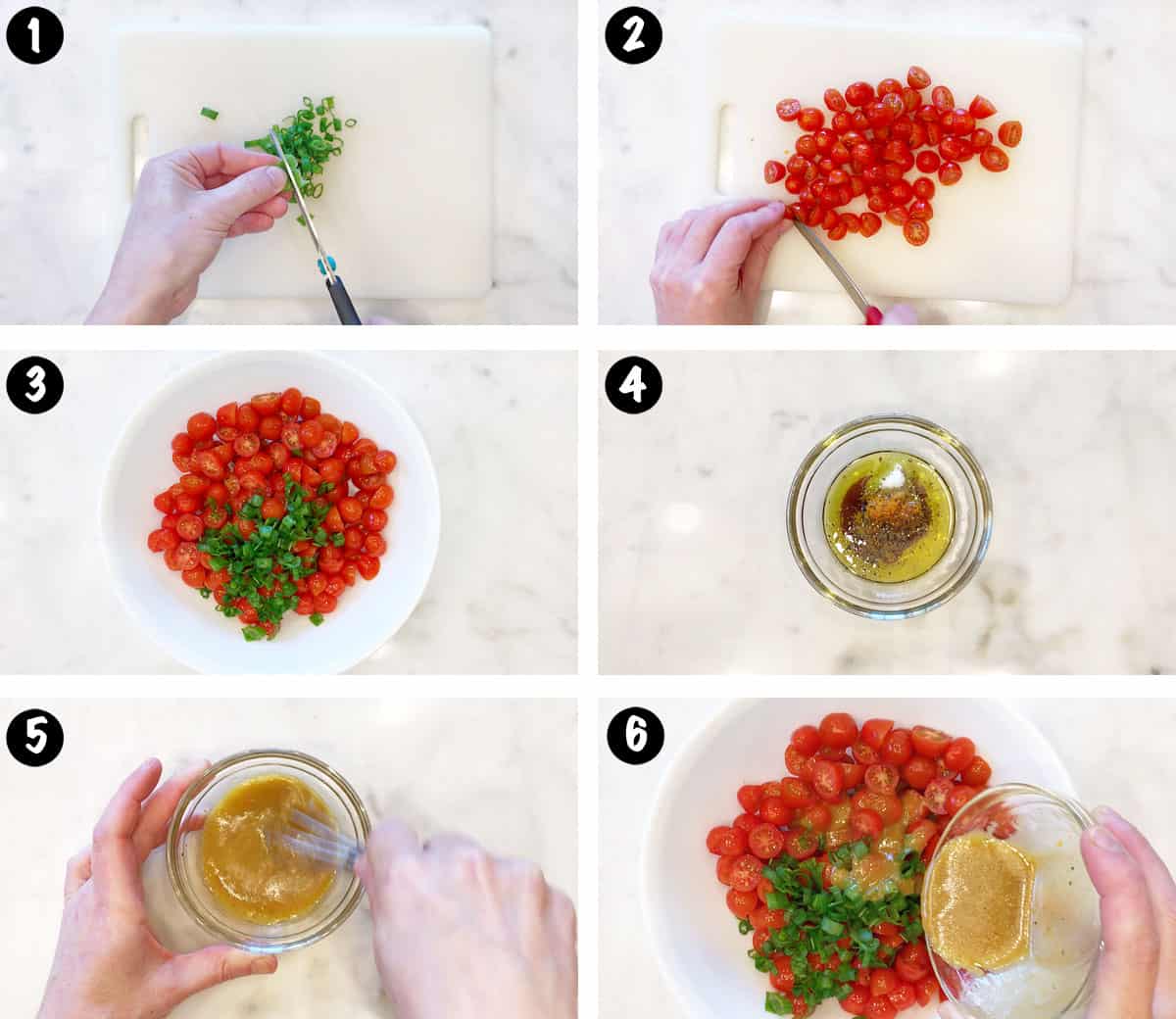 Un collage de fotos que muestra los pasos para hacer una ensalada de tomate. 