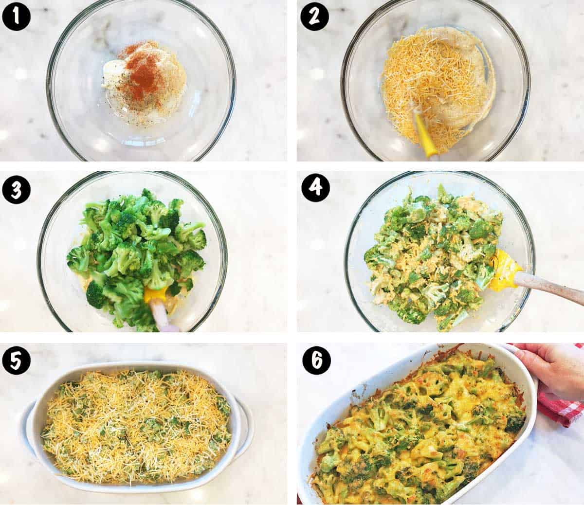 A six-photo collage showing the steps for making a broccoli cheese casserole. 