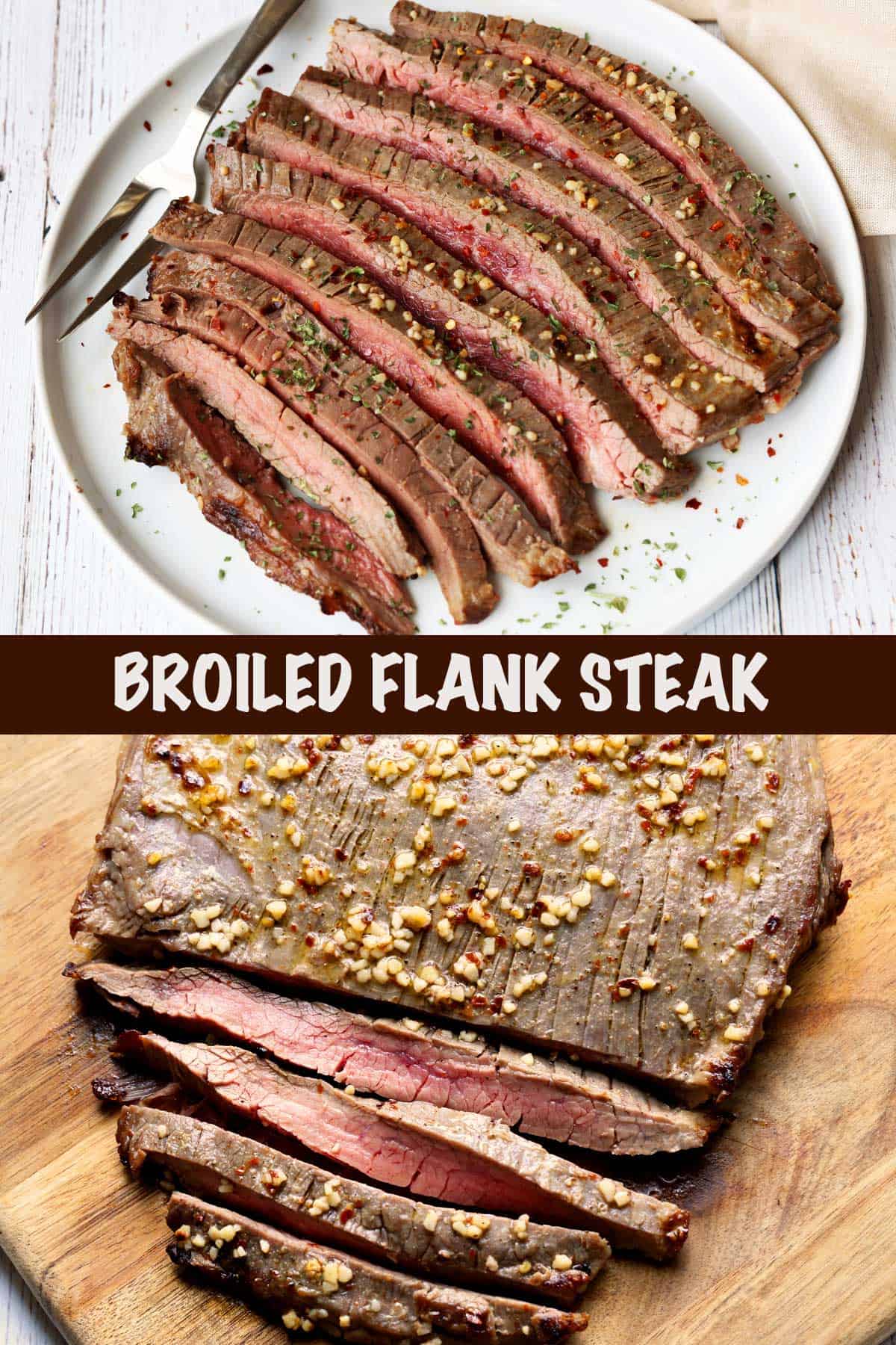 A two-photo collage of broiled flank steaks, one on a plate and one on a cutting board. 