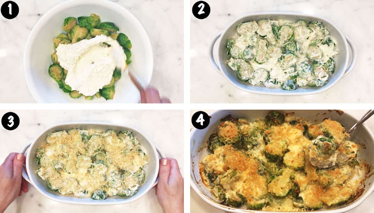 A four-photo collage showing the steps for making a Brussels sprout casserole. 