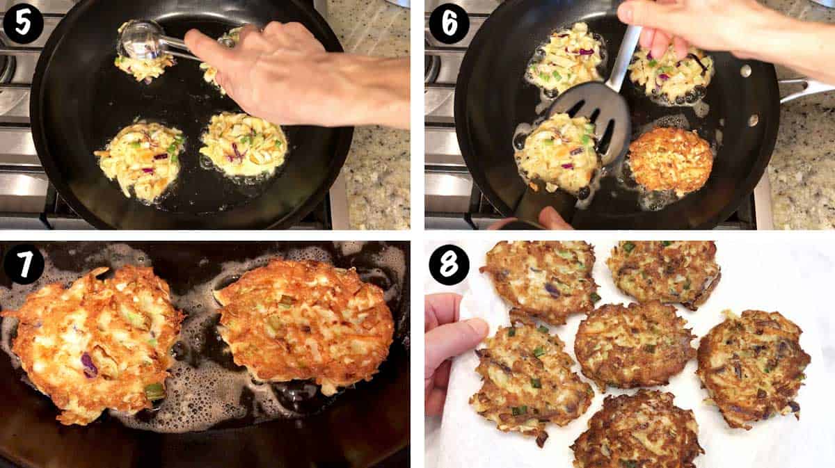 A photo collage showing steps 5-8 for making cabbage pancakes. 