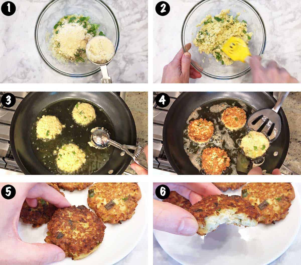 A six-photo collage showing the steps for making cauliflower fritters. 