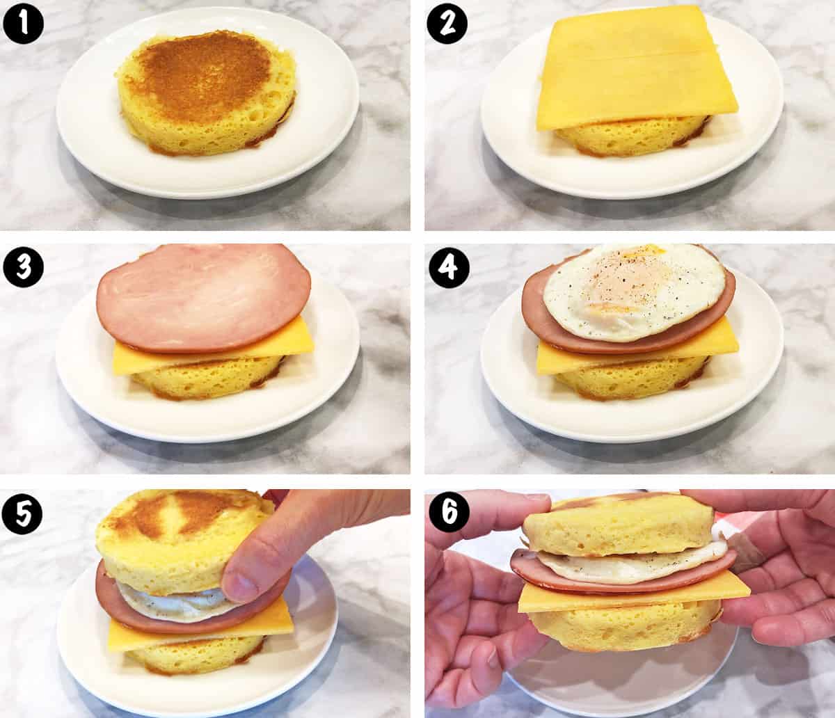 A six-photo collage showing how to assemble a low-carb breakfast sandwich. 
