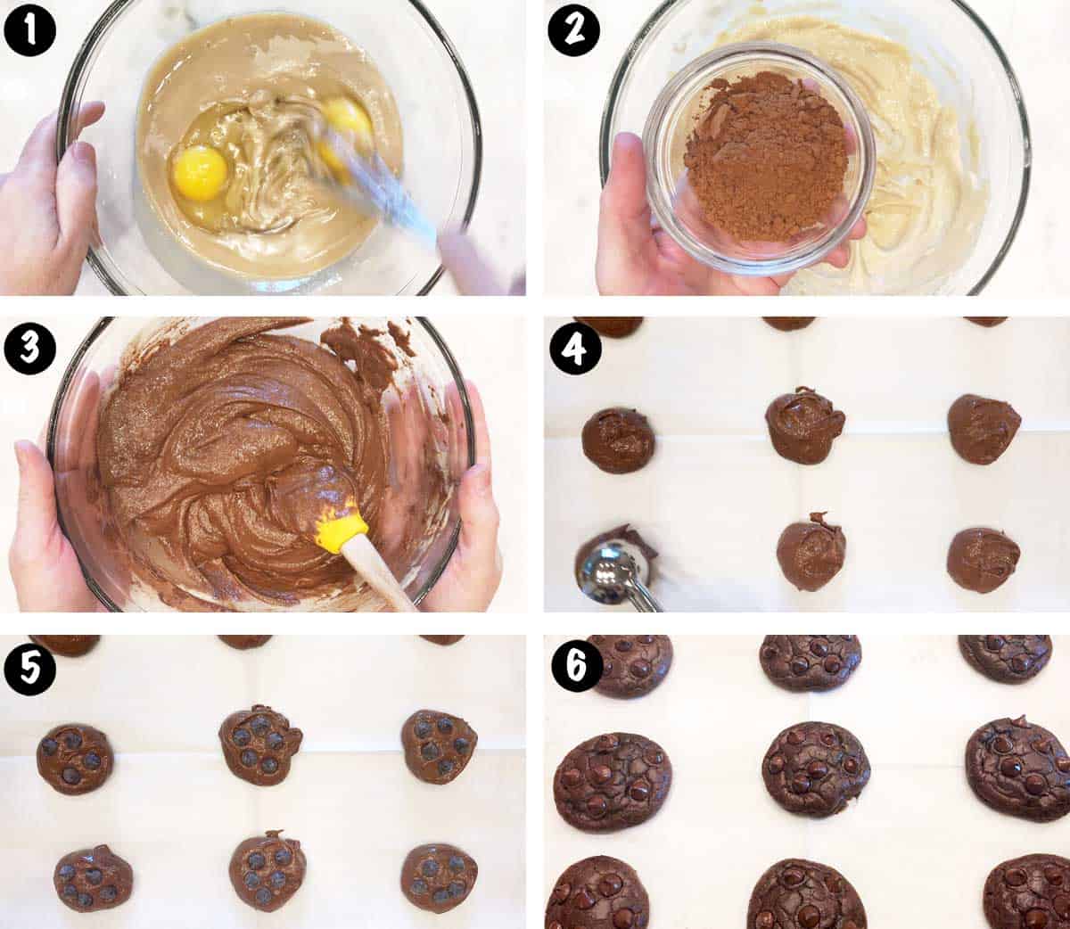 A six-photo collage showing how to make keto chocolate cookies.